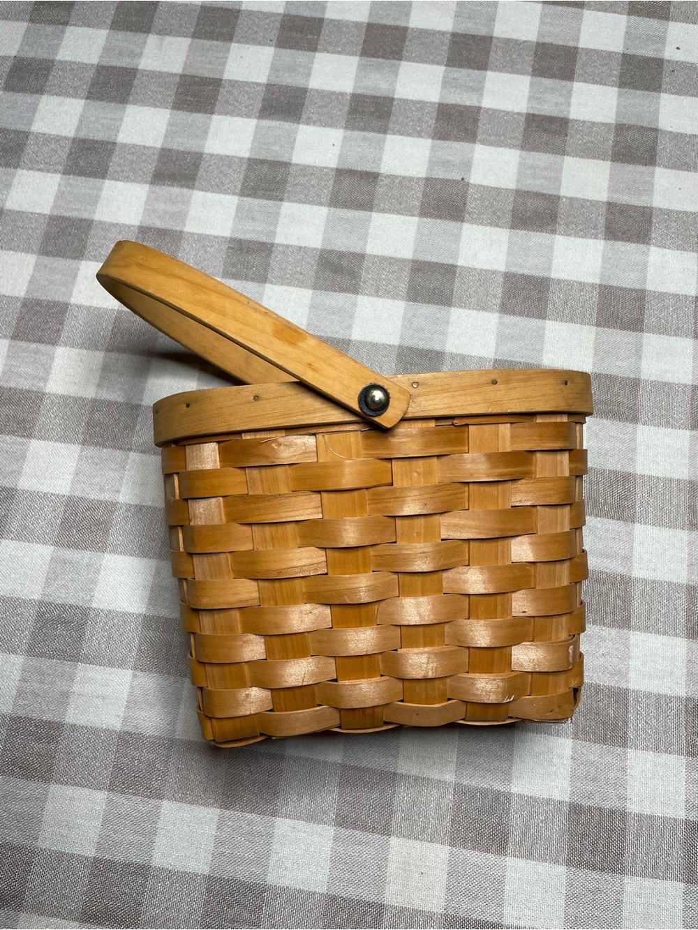 Woven Wooden Handled Basket Light Brown with blue liner
